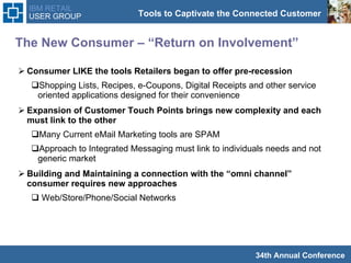 The New Consumer – “Return on Involvement” Consumer LIKE the tools Retailers began to offer pre-recession Shopping Lists, Recipes, e-Coupons, Digital Receipts and other service oriented applications designed for their convenience Expansion of Customer Touch Points brings new complexity and each must link to the other Many Current eMail Marketing tools are SPAM  Approach to Integrated Messaging must link to individuals needs and not generic market Building and Maintaining a connection with the “omni channel” consumer requires new approaches  Web/Store/Phone/Social Networks 
