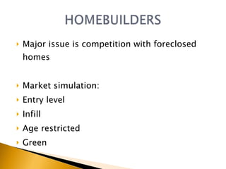 Major issue is competition with foreclosed homes Market simulation: Entry level Infill Age restricted Green 