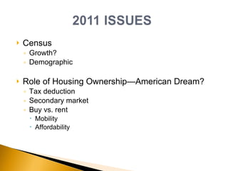 Census Growth? Demographic Role of Housing Ownership—American Dream? Tax deduction Secondary market Buy vs. rent Mobility Affordability 