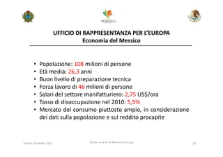 UFFICIO DI RAPPRESENTANZA PER L’EUROPA
                                   Economia del Messico


       •   Popolazione: 108 milioni di persone
       •   Età media: 26,3 anni
       •   Buon livello di preparazione tecnica
       •   Forza lavoro di 46 milioni di persone
       •   Salari del settore manifatturiero: 2,75 US$/ora
       •   Tasso di disoccupazione nel 2010: 5,5%
       •   Mercato del consumo piuttosto ampio, in considerazione
           dei dati sulla popolazione e sul reddito procapite


Trento, Dicembre 2011              Bolner Andrea & Menestrina Luigi   10
 
