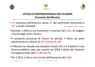 UFFICIO DI RAPPRESENTANZA PER L’EUROPA
                                   Economia del Messico

• 2^ economia dell’America Latina, 3^ del continente Americano e
 11^ a livello mondiale                         Fonte: World Bank, April 2011, PPP Ranking



• Durante il 2010 la sua economia è cresciuta del 5,5%, la maggior
  crescita degli ultimi 10 anni
• Il constante accumulo di riserve ha portato il Paese ad avere
  attualmente un volume di 137 miliardi di US$
• Il Messico ha attuato una disciplina fiscale che si è tradotta in una
  finanza pubblica sana, per questo nel 2010 il deficit del Governo
  ha rappresentato solo il 2,8% del PIL
• Per il 2012 si stima una crescita dell’economia del 3,8%.
Trento, Dicembre 2011              Bolner Andrea & Menestrina Luigi                    7
 