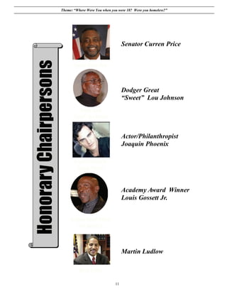 Theme: “Where Were You when you were 18? Were you homeless?”




                                   Senator Curren Price




                                   Dodger Great
                                   “Sweet” Lou Johnson




                                   Actor/Philanthropist
                                   Joaquin Phoenix




                                   Academy Award Winner
                                   Louis Gossett Jr.




                                   Martin Ludlow



                              11
 