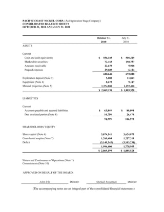 PACIFIC COAST NICKEL CORP. (An Exploration Stage Company)
CONSOLIDATED BALANCE SHEETS
OCTOBER 31, 2010 AND JULY 31, 2010



                                                                October 31,          July 31,
                                                                   2010               2010
ASSETS


Current
 Cash and cash equivalents                                       $     556,189      $     505,249
 Marketable securities                                                  72,169            150,757
 Amounts receivable                                                     22,679               9,908
 Prepaid expenses                                                       29,609               6,114
                                                                       680,646            672,028
Exploration deposit (Note 3)                                              5,000            11,863
Equipment (Note 4)                                                        8,673              9,147
Mineral properties (Note 5)                                           1,374,880          1,192,490
                                                                 $ 2,069,199        $ 1,885,528


LIABILITIES


Current
 Accounts payable and accrued liabilities                        $      63,849      $      80,094
 Due to related parties (Note 8)                                        10,750             26,479
                                                                        74,599            106,573

SHAREHOLDERS’ EQUITY

Share capital (Note 6)                                               3,874,541          3,624,875
Contributed surplus (Note 7)                                         1,269,404          1,257,311
Deficit                                                              (3,149,345)        (3,103,231)
                                                                     1,994,600          1,778,955
                                                                 $ 2,069,199        $ 1,885,528


Nature and Continuance of Operations (Note 1)
Commitments (Note 10)


APPROVED ON BEHALF OF THE BOARD:


               John Icke                    Director           Michael Sweatman             Director

          (The accompanying notes are an integral part of the consolidated financial statements)
 