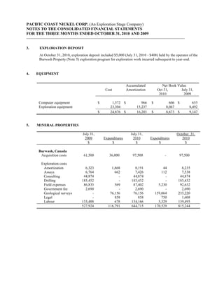 PACIFIC COAST NICKEL CORP. (An Exploration Stage Company)
NOTES TO THE CONSOLIDATED FINANCIAL STATEMENTS
FOR THE THREE MONTHS ENDED OCTOBER 31, 2010 AND 2009


3.    EXPLORATION DEPOSIT
      At October 31, 2010, exploration deposit included $5,000 (July 31, 2010 - $408) held by the operator of the
      Burwash Property (Note 5) exploration program for exploration work incurred subsequent to year-end.


4.   EQUIPMENT


                                                                 Accumulated             Net Book Value
                                                   Cost          Amortization         Oct 31,       July 31,
                                                                                       2010           2009

      Computer equipment                      $        1,572 $             966   $           606 $           655
      Exploration equipment                           23,304            15,237             8,067           8,492
                                              $       24,876 $          16,203   $         8,673 $         9,147


5.   MINERAL PROPERTIES

                                   July 31,                         July 31,                      October 31,
                                    2009          Expenditures       2010        Expenditures        2010
                                      $                $               $              $                $

     Burwash, Canada
      Acquisition costs             61,500           36,000          97,500               -         97,500

       Exploration costs
        Amortization                6,323             1,868           8,191               44         8,235
        Assays                      6,764               662           7,426              112         7,538
        Consulting                 44,874                 -          44,874                -        44,874
        Drilling                  185,452                 -         185,452                -       185,452
        Field expenses             86,833               569          87,402            5,230        92,632
        Government fee              2,690                 -           2,690                -         2,690
        Geological surveys              -            76,156          76,156          159,064       235,220
        Legal                           -               858             858              750         1,608
        Labour                    133,488               678         134,166            5,329       139,495
                                  527,924           116,791         644,715          170,529       815,244
 