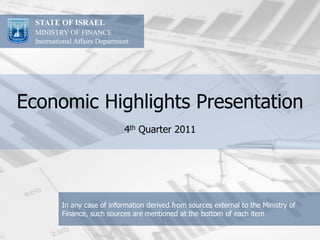 STATE OF ISRAEL
  MINISTRY OF FINANCE
  International Affairs Department




Economic Highlights Presentation
                                4th Quarter 2011




           In any case of information derived from sources external to the Ministry of
           Finance, such sources are mentioned at the bottom of each item
 