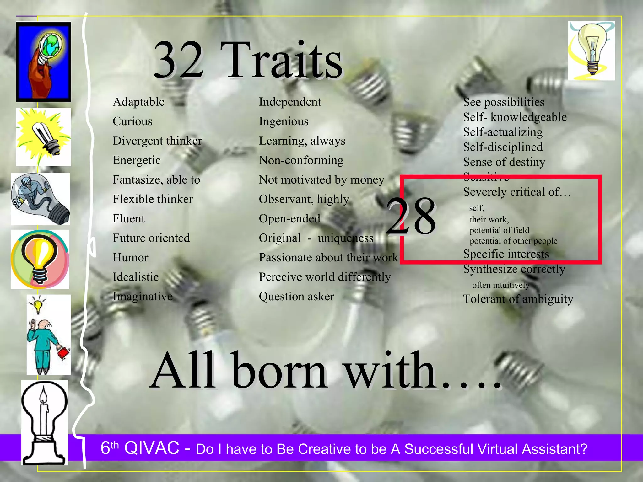 32 Traits See possibilities Self- knowledgeable Self-actualizing Self-disciplined Sense of destiny Sensitive Severely critical of… self,  their work,  potential of field  potential of other people Specific interests Synthesize correctly  often intuitively Tolerant of ambiguity Adaptable Curious Divergent thinker Energetic Fantasize, able to Flexible thinker Fluent Future oriented Humor Idealistic Imaginative Independent Ingenious Learning, always Non-conforming Not motivated by money Observant, highly Open-ended Original  -  uniqueness Passionate about their work Perceive world differently Question asker 28 All born with…. 