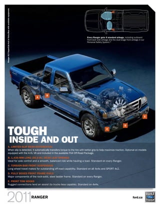 Ranger XLT SuperCab 4x4 in Vista Blue with available equipment.




                                                                                        Every Ranger gets 4 standard airbags, including outboard
                                                                                        front-seat side airbags and the dual-stage front airbags in our
                                                                                        Personal Safety System.TM




                                                                       B
                                                                   A




                                                                                                                                                          E




           TOUGH
                                                                                                                                 D
                                                                                                             C



                                                     INSIDE AND OUT
             A. LIMITED-SLIP REAR DIFFERENTIAL
             When slip is detected, it automatically transfers torque to the tire with better grip to help maximize traction. Optional on models
             equipped with the 4.0L V6 and included in the available FX4 Off-Road Package.
             B. 1,435-MM-LONG (56.5-IN.) REAR LEAF SPRINGS
             Ideal for axle control and a smooth, balanced ride while hauling a load. Standard on every Ranger.
             C. TORSION-BAR FRONT SUSPENSION
             Long wheel travel makes for outstanding off-road capability. Standard on all 4x4s and SPORT 4x2.
             D. FULLY BOXED FRONT FRAME RAILS
             Major components of the rock-solid, steel ladder frame. Standard on every Ranger.
             E. FRONT TOW HOOKS
             Rugged connections lend an assist (to trucks less capable). Standard on 4x4s.




                                                                  RANGER                                                                  ford.ca
 