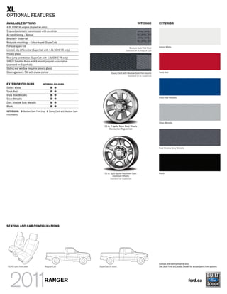 XL
OPTIONAL FEATURES
AVAILABLE OPTIONS                                                                                                   INTERIOR       EXTERIOR
4.0L SOHC V6 engine (SuperCab only)
5-speed automatic transmission with overdrive
Air conditioning – Manual
Bedliner – Under-rail
Bodyside mouldings – Colour-keyed (SuperCab)
Full-size spare tire                                                                                                               Oxford White
                                                                                                        Medium Dark Flint Vinyl
Limited-slip differential (SuperCab with 4.0L SOHC V6 only)                                          Standard on XL Regular Cab
Privacy glass
Rear jump seat delete (SuperCab with 4.0L SOHC V6 only)
SIRIUS Satellite Radio with 6-month prepaid subscription
(standard on SuperCab)
Sliding rear window (requires privacy glass)
Steering wheel – Tilt, with cruise control                                            Ebony Cloth with Medium Dark Flint Inserts   Torch Red
                                                                                                       Standard on XL SuperCab


EXTERIOR COLOURS                      INTERIOR COLOURS
Oxford White
Torch Red
Vista Blue Metallic
                                                                                                                                   Vista Blue Metallic
Silver Metallic
Dark Shadow Gray Metallic
Black
INTERIORS:        Medium Dark Flint Vinyl   Ebony Cloth with Medium Dark
Flint Inserts


                                                                                                                                   Silver Metallic
                                                                               15-in. 7-Spoke Silver Steel Wheels
                                                                                    Standard on Regular Cab




                                                                                                                                   Dark Shadow Gray Metallic




                                                                               15-in. Split-Spoke Machined Cast-                   Black
                                                                                       Aluminum Wheels
                                                                                     Standard on SuperCab




SEATING AND CAB CONFIGURATIONS




                                                                                                                                   Colours are representative only.
 60/40 split front seat                 Regular Cab                        SuperCab (4-door)                                       See your Ford of Canada Dealer for actual paint/trim options.




                                        RANGER                                                                                                                   ford.ca
 