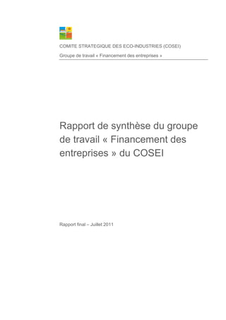 COMITE STRATEGIQUE DES ECO-INDUSTRIES (COSEI)
Groupe de travail « Financement des entreprises »
Rapport de synthèse du groupe
de travail « Financement des
entreprises » du COSEI
Rapport final – Juillet 2011
 