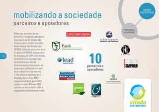 VIRADA

     mobilizando a sociedade
                                                                  SUSTENTÁVEL



     parceiros e apoiadores
                                                    PARCEIROS E
                                                    APOIADORES
     Além das secretarias de
     governo, a Virada Sustentável
     teve apoio da TV Globo São
     Paulo e apoio institucional da
     Rede Nossa São Paulo e do
     CEBDS, além de parcerias com



                                       10
     a Lew’Lara/TBWA (campanha
15   de divulgação e RP com mídia),
     Farah Service (prospecção
     de patrocínios) e Lead
     Comunicação (assessoria de       parceiros e
     imprensa). A Rádio Eldorado
     foi a rádio oﬁcial do evento,
                                      apoiadores
     a Trip Editora apoiadora na
     divulgação e a Yuni.MKT
     responsável pela gestão de
     redes sociais. A GreenCO2
     calculou e neutralizou toda a
     pegada de carbono do evento.
 