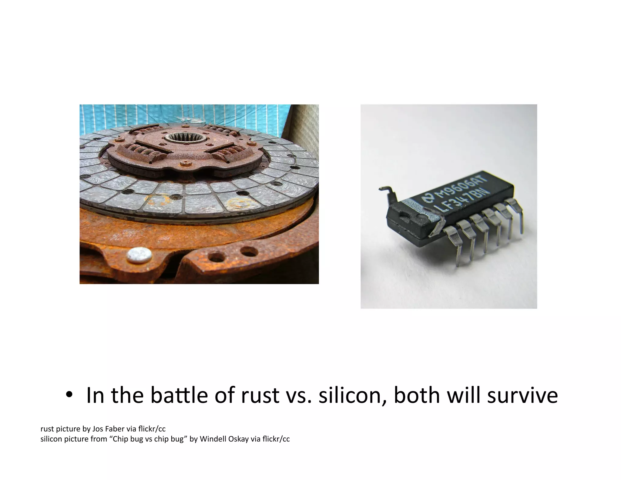 •  In	
  the	
  balle	
  of	
  rust	
  vs.	
  silicon,	
  both	
  will	
  survive	
  
rust	
  picture	
  by	
  Jos	
  Faber	
  via	
  ﬂickr/cc	
  	
  
silicon	
  picture	
  from	
  “Chip	
  bug	
  vs	
  chip	
  bug”	
  by	
  Windell	
  Oskay	
  via	
  ﬂickr/cc	
  
 