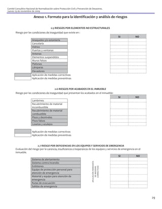 Comité Consultivo Nacional de Normalización sobre Protección Civil y Prevención de Desastres.
Jueves 19 de noviembre de 2009

                         Anexo 1. Formato para la identificación y análisis de riesgos

                                          2.5 RIESGOS POR ELEMENTOS NO ESTRUCTURALES
        Riesgo por las condiciones de inseguridad que existe en :
                                                                                                         SI         NO
                        Anaqueles y/o estantería
                        Cancelaría
                        Vidrios
                        Puertas y ventanas
                        Antenas
                        Elementos suspendidos
                        Muros falsos
                        Plafones
                        Lámparas
                        Elevadores
                        Aplicación de medidas correctivas
                        Aplicación de medidas preventivas


                                              2.6 RIESGOS POR ACABADOS EN EL INMUEBLE
        Riesgo por las condiciones de inseguridad que presentan los acabados en el inmueble:
                                                                                                         SI         NO
                        Lambrines
                        Recubrimiento de material
                        incombustible
                        Recubrimiento de material
                        combustible
                        Pisos y desniveles
                        Pisos falsos
                        Losetas y azulejos

                        Aplicación de medidas correctivas
                        Aplicación de medidas preventivas


                            2.7 RIESGO POR DEFICIENCIAS EN LOS EQUIPOS Y SERVICIOS DE EMERGENCIA
        Evaluación del riesgo por la carencia, insuficiencia o inoperancia de los equipos y servicios de emergencia en el
        inmueble.
                                                                                                       SI            NO
                      Sistema de alertamiento
                                                                                  APLICACIÓN INMEDIATA




                      Sistema contra incendio
                      Extintores
                                                                                       CORRECTIVAS
                                                                                       DE MEDIDAS




                      Equipo de protección personal para
                      atención de emergencia
                      Material y equipo para atención de
                      emergencia
                      Rutas de evacuación
                      Salidas de emergencia



                                                                                                                            29
 