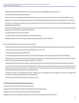 Comité Consultivo Nacional de Normalización sobre Protección Civil y Prevención de Desastres.
Jueves 19 de noviembre de 2009




  .Manual del Distrito Federal SEDUVI, manual técnico de accesibilidad. Febrero 2007, D.F.
  .Ley General de Residuos Sólidos del D.F.
  .Normas Técnicas complementarias sobre criterios y Acciones para el Diseño Estructural de las edificaciones.
  .Reglamento de los Centros de Desarrollo Infantil (CENDI) del Tribunal Superior de Justicia del Distrito Federal.
  .Normas y Lineamientos Básicos para la operación de los Centros de Desarrollo Infantil dependientes de la
  Delegación Cuauhtémoc.
  .Normas Generales para la prestación del servicio educativo asistencial en los Centros de Desarrollo Infantil
  Delegaciones del Gobierno del Distrito Federal.
  .Ley de Establecimientos Mercantiles.
  .Ley del Heróico Cuerpo de Bomberos del Distrito Federal.
  .Reglamento de la Ley del Heróico Cuerpo de Bomberos del Distrito Federal


b) En materia de Educación Preescolar y Guarderías:
   .Guía de Instalaciones CENDI. Comité Administrador del programa federal de Construcciones de Escuelas SEP.
   .Guía de funcionamiento y operación de CENDI. SEP – DIF – D.F.
   .Guía de Equipamiento para CENDI-SEP.
   .Lineamientos Operativos para Padres de Familia (Trabajadores de la Secretaría de Educación Pública).
   .Disposiciones y lineamientos Generales para la organización y funcionamiento de los Servicios de Educación
   Básica, Inicial, Especial y para Adultos en el Distrito Federal.
   .Reportes administrativos que deben rendir los directores y los docentes de las escuelas de educación básica
   .Ley General de Infraestructura Física Educativa. Normas y especificaciones técnicas para la elaboración de
   estudios, proyectos, construcción e instalación de la infraestructura física educativa (Comité Administrador
   del Programa Federal de Construcción de Escuelas).
   .Programa Interno de Seguridad Escolar. Manual para la elaboración del Programa Interno de Seguridad
   Escolar en los Planteles de Educación básica del D.F.
   .Normas para el mantenimiento de escuelas en el D.F.


2. De Protección Civil del Estado de Querétaro:
.Ley de Protección Civil del Estado de Querétaro.
.Reglamentos Municipales Protección Civil del Estado de Querétaro.
.Reglamento de construcción para el Estado de Querétaro.
.Reglamentación municipal para obtención de licencia municipal de funcionamiento.
                                                                                                                  11
 