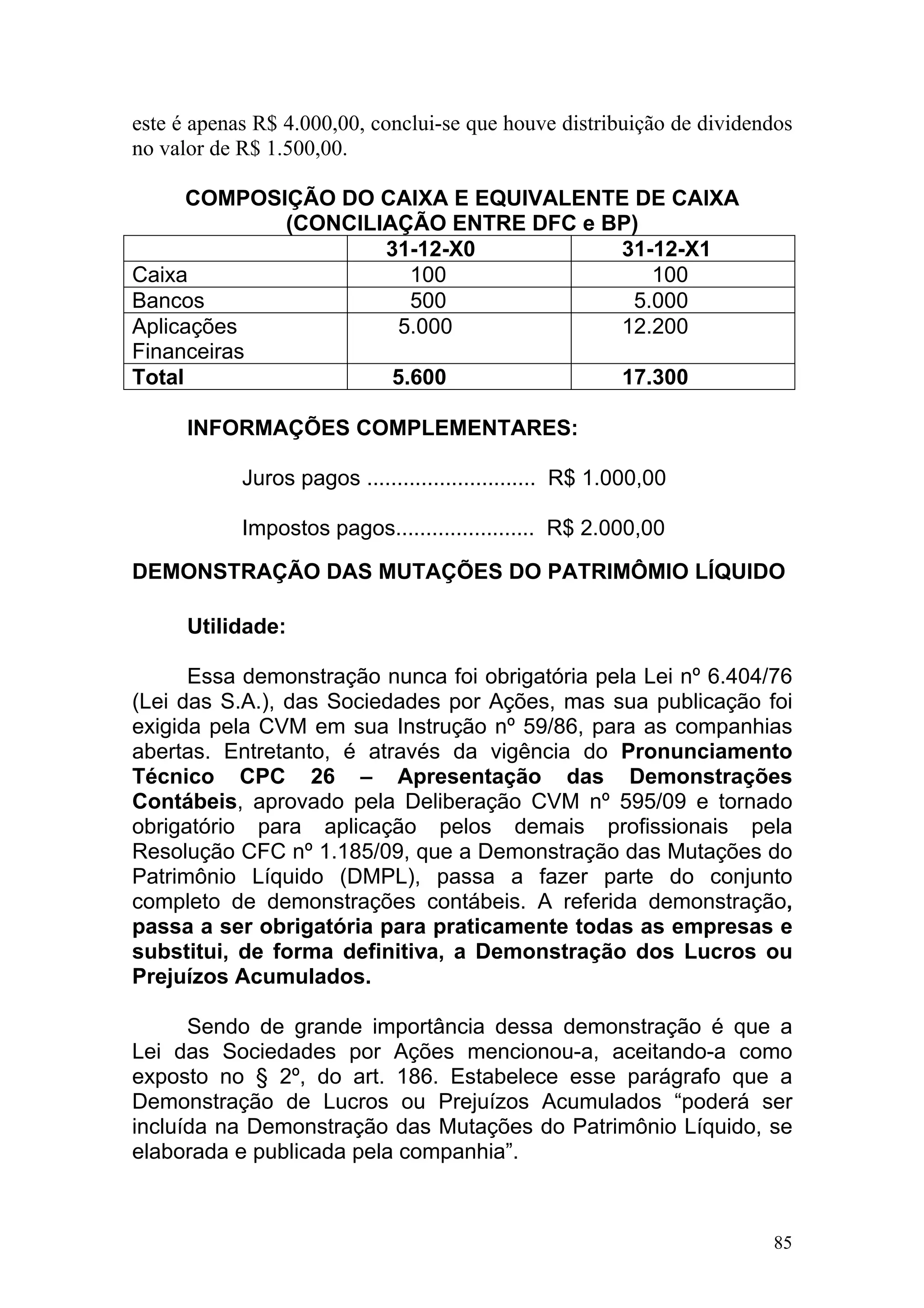 este é apenas R$ 4.000,00, conclui-se que houve distribuição de dividendos
no valor de R$ 1.500,00.

      COMPOSIÇÃO DO CAIXA E EQUIVALENTE DE CAIXA
             (CONCILIAÇÃO ENTRE DFC e BP)
                     31-12-X0          31-12-X1
Caixa                   100               100
Bancos                  500             5.000
Aplicações            5.000            12.200
Financeiras
Total                 5.600            17.300

      INFORMAÇÕES COMPLEMENTARES:

            Juros pagos ............................ R$ 1.000,00

            Impostos pagos....................... R$ 2.000,00

DEMONSTRAÇÃO DAS MUTAÇÕES DO PATRIMÔMIO LÍQUIDO

      Utilidade:

      Essa demonstração nunca foi obrigatória pela Lei nº 6.404/76
(Lei das S.A.), das Sociedades por Ações, mas sua publicação foi
exigida pela CVM em sua Instrução nº 59/86, para as companhias
abertas. Entretanto, é através da vigência do Pronunciamento
Técnico CPC 26 – Apresentação das Demonstrações
Contábeis, aprovado pela Deliberação CVM nº 595/09 e tornado
obrigatório para aplicação pelos demais profissionais pela
Resolução CFC nº 1.185/09, que a Demonstração das Mutações do
Patrimônio Líquido (DMPL), passa a fazer parte do conjunto
completo de demonstrações contábeis. A referida demonstração,
passa a ser obrigatória para praticamente todas as empresas e
substitui, de forma definitiva, a Demonstração dos Lucros ou
Prejuízos Acumulados.

      Sendo de grande importância dessa demonstração é que a
Lei das Sociedades por Ações mencionou-a, aceitando-a como
exposto no § 2º, do art. 186. Estabelece esse parágrafo que a
Demonstração de Lucros ou Prejuízos Acumulados “poderá ser
incluída na Demonstração das Mutações do Patrimônio Líquido, se
elaborada e publicada pela companhia”.



                                                                       85
 