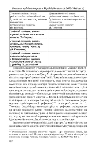 182
Розвиток публічного права в Україні (доповідь за 2009-2010 роки)
Урядовий комітет з питань
регіональної та соціальної політики,
будівництва, житлово-комунального
господарства
і гуманітарного розвитку
(В. Тихонов)
Урядовий комітет з питань
регіональної та соціальної політики,
будівництва, житлово-комунального
господарства
і гуманітарного розвитку
(В. Тихонов)
Урядовий комітет з питань
аграрної політики та земельних
відносин (В. Слаута)
Урядовий комітет з питань
екології, молодіжної політики,
культури, спорту і туризму
(Б. Колесніков)
Урядовий комітет з питань
підготовки до проведення
в Україні фінальної частини
чемпіонату Європи 2012 року
з футболу (Б. Колесніков)
Цікавим для аналізу є також розподіл компетенції між віце-прем’єр-
міністрами. Як зазначалось, характерною рисою чисельності й структу-
рипочатковосформованогоУрядуМ.Азаровабуланадзвичайновелика
кількість віце-прем’єр-міністрів (7 осіб). Тому набула актуальності про-
блема розподілу між ними повноважень, адже нечітке розмежування
компетенції віце-прем’єр-міністрів закладає потенційні компетенційні
конфлікти та веде до дублювання діяльності і безвідповідальності. Для
прикладу, можна згадати питання адміністративної реформи, віднесене
відповідно до розподілу обов’язків до компетенції щонайменше трьох
урядовців: віце-прем’єр-міністра С. Тігіпка («реформування публічної
адміністрації») та міністра Кабінету Міністрів А. Толстоухова («про-
ведення адміністративної реформи»)173
, віце-прем’єр-міністра В.
Тихонова («адміністративно-територіальна реформа; реформуван-
ня органів виконавчої влади і органів місцевого самоврядування на
місцевому та регіональному рівні»). Такий розподіл повноважень лише
підтверджував довільний характер визначення компетенції урядовців
і домінуючий вплив особистісного фактору на даний процес.
Іншою проблемою великої кількості віце-прем’єр-міністрів є те, що
зазвичайадекватніміністрикритичносприймаютьіснуваннясвоєрідної
173
Розпорядження Кабінету Міністрів України «Про визначення питань, що
належать до компетенції Першого віце-прем’єр-міністра України, віце-прем’єр-
міністрів та Міністра Кабінету Міністрів України» від 17.03.2010 № 456-р
 