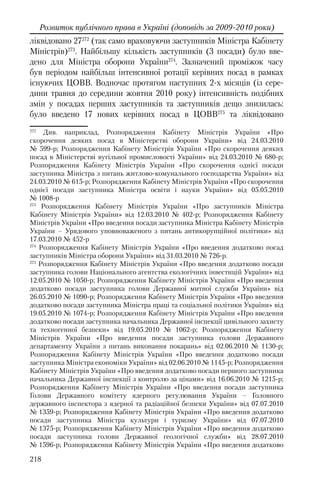 218
Розвиток публічного права в Україні (доповідь за 2009-2010 роки)
ліквідовано 27272
(так само враховуючи заступників Міністра Кабінету
Міністрів)273
. Найбільшу кількість заступників (3 посади) було вве-
дено для Міністра оборони України274
. Зазначений проміжок часу
був періодом найбільш інтенсивної ротації керівних посад в рамках
існуючих ЦОВВ. Водночас протягом наступних 2-х місяців (із сере-
дини травня до середини жовтня 2010 року) інтенсивність подібних
змін у посадах перших заступників та заступників дещо знизилась:
було введено 17 нових керівних посад в ЦОВВ275
та ліквідовано
272
Див. наприклад, Розпорядження Кабінету Міністрів України «Про
скорочення деяких посад в Міністерстві оборони України» від 24.03.2010
№ 599-р; Розпорядження Кабінету Міністрів України «Про скорочення деяких
посад в Міністерстві вугільної промисловості України» від 24.03.2010 № 680-р;
Розпорядження Кабінету Міністрів України «Про скорочення однієї посади
заступника Міністра з питань житлово-комунального господарства України» від
24.03.2010 № 615-р; Розпорядження Кабінету Міністрів України «Про скорочення
однієї посади заступника Міністра освіти і науки України» від 05.05.2010
№ 1008-р
273
Розпорядження Кабінету Міністрів України «Про заступників Міністра
Кабінету Міністрів України» від 12.03.2010 № 402-р; Розпорядження Кабінету
Міністрів України «Про введення посади заступника Міністра Кабінету Міністрів
України – Урядового уповноваженого з питань антикорупційної політики» від
17.03.2010 № 452-р
274
Розпорядження Кабінету Міністрів України «Про введення додатково посад
заступників Міністра оборони України» від 31.03.2010 № 726-р.
275
Розпорядження Кабінету Міністрів України «Про введення додатково посади
заступника голови Національного агентства екологічних інвестицій України» від
12.05.2010 № 1050-р; Розпорядження Кабінету Міністрів України «Про введення
додатково посади заступника голови Державної митної служби України» від
26.05.2010 № 1090-р; Розпорядження Кабінету Міністрів України «Про введення
додатково посади заступника Міністра праці та соціальної політики України» від
19.05.2010 № 1074-р; Розпорядження Кабінету Міністрів України «Про введення
додатково посади заступника начальника Державної інспекції цивільного захисту
та техногенної безпеки» від 19.05.2010 № 1062-р; Розпорядження Кабінету
Міністрів України «Про введення посади заступника голови Державного
департаменту України з питань виконання покарань» від 02.06.2010 № 1130-р;
Розпорядження Кабінету Міністрів України «Про введення додатково посади
заступника Міністра економіки України» від 02.06.2010 № 1145-р; Розпорядження
Кабінету Міністрів України «Про введення додатково посади першого заступника
начальника Державної інспекції з контролю за цінами» від 16.06.2010 № 1215-р;
Розпорядження Кабінету Міністрів України «Про введення посади заступника
Голови Державного комітету ядерного регулювання України – Головного
державного інспектора з ядерної та радіаційної безпеки України» вiд 07.07.2010
№ 1359-р; Розпорядження Кабінету Міністрів України «Про введення додатково
посади заступника Міністра культури і туризму України» вiд 07.07.2010
№ 1375-р; Розпорядження Кабінету Міністрів України «Про введення додатково
посади заступника голови Державної геологічної служби» вiд 28.07.2010
№ 1596-р; Розпорядження Кабінету Міністрів України «Про введення додатково
 