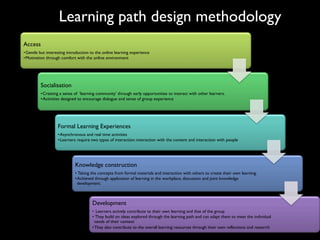 Learning path design methodology
Access
• Gentle but interesting introduction to the online learning experience
• Motivation through comfort with the online environment




         Socialisation
         • Creating a sense of ‘learning community’ through early opportunities to interact with other learners.
         • Activities designed to encourage dialogue and sense of group experience




                   Formal Learning Experiences
                   • Asynchronous and real time activities
                   • Learners require two types of interaction: interaction with the content and interaction with people




                             Knowledge construction
                             •  Taking the concepts from formal materials and interaction with others to create their own learning.
                             • Achieved through application of learning in the workplace, discussion and joint knowledge
                              development.



                                      Development
                                      •  Learners actively contribute to their own learning and that of the group
                                      •  They build on ideas explored through the learning path and can adapt them to meet the individual
                                       needs of their context
                                      • They also contribute to the overall learning resources through their own reflections and research
 