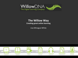 The	
  Willow	
  Way	
  
       Crea+ng	
  great	
  online	
  learning	
  
                        	
  
	
         Lisa	
  Minogue-­‐White	
  
	
  
	
  
 