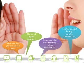 This has changed
                                                       the way I
                  Not sure I                            develop
                    agree,                         proposals for…
                  because…      I used this when
How does this                  I was preparing a
play out around                       client
     here?                       presentation…
 