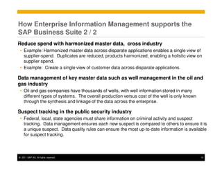 How Enterprise Information Management supports the
SAP Business Suite 2 / 2
Reduce spend with harmonized master data, cross industry
    Example: Harmonized master data across disparate applications enables a single view of
    supplier-spend. Duplicates are reduced, products harmonized, enabling a holistic view on
    supplier spend.
    Example: Create a single view of customer data across disparate applications.

Data management of key master data such as well management in the oil and
gas industry
    Oil and gas companies have thousands of wells, with well information stored in many
    different types of systems. The overall production versus cost of the well is only known
    through the synthesis and linkage of the data across the enterprise.

Suspect tracking in the public security industry
    Federal, local, state agencies must share information on criminal activity and suspect
    tracking. Data management ensures each new suspect is compared to others to ensure it is
    a unique suspect. Data quality rules can ensure the most up-to-date information is available
    for suspect tracking.



© 2011 SAP AG. All rights reserved.                                                            10
 