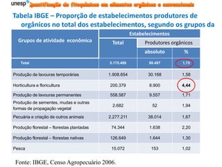 Tabela IBGE – Proporção de estabelecimentos produtores de
orgânicos no total dos estabelecimentos, segundo os grupos da
atividade econômica Brasil – 2006
Total 5.175.489 90.497 1,75
Produção de lavouras temporárias 1.908.654 30.168 1,58
Horticultura e floricultura 200.379 8.900 4,44
Produção de lavouras permanentes 558.587 9.557 1,71
Produção de sementes, mudas e outras
formas de propagação vegetal
2.682 52 1,94
Pecuária e criação de outros animais 2.277.211 38.014 1,67
Produção florestal – florestas plantadas 74.344 1.638 2,20
Produção florestal – florestas nativas 126.649 1.644 1,30
Pesca 15.072 153 1,02
Grupos de atividade econômica
Estabelecimentos
Total Produtores orgânicos
absoluto %
Fonte: IBGE, Censo Agropecuário 2006.
 