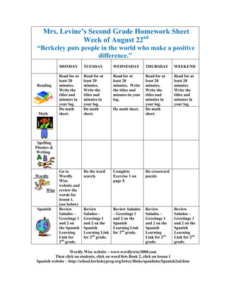 Mrs. Levine’s Second Grade Homework Sheet
               Week of August 22nd
 “Berkeley puts people in the world who make a positive
                      difference.”
            MONDAY        TUESDAY          WEDNESDAY         THURSDAY        WEEKEND

            Read for at   Read for at      Read for at       Read for at     Read for at
            least 20      least 20         least 20          least 20        least 20
Reading     minutes.      minutes.         minutes. Write    minutes.        minutes.
            Write the     Write the        the titles and    Write the       Write the
            titles and    titles and       minutes in your   titles and      titles and
            minutes in    minutes in       log.              minutes in      minutes in
            your log.     your log.                          your log.       your log.
            Do math       Do math          Do math sheet.    Do math
 Math       sheet.        sheet.                             sheet.




 Spelling
Phonics &
Writing



            Go to         Do the word      Complete          Do crossword
Wordly      Wordly        search.          Exercise 1 on     puzzle.
            Wise                           page 5.
            website and
     Wise   review the
            words for
            lesson 1.
            (see below)
 Spanish    Review        Review           Review Saludos    Review          Review
            Saludos –     Saludos –        – Greetings 1     Saludos –       Saludos –
            Greetings 1   Greetings 1      and 2 on the      Greetings 1     Greetings 1
            and 2 on      and 2 on the     Spanish           and 2 on the    and 2 on the
            the Spanish   Spanish          Learning Link     Spanish         Spanish
            Learning      Learning Link    for 2nd grade.    Learning        Learning
            Link for      for 2nd grade.                     Link for 2nd    Link for 2nd
            2nd grade.                                       grade.          grade.

                   Wordly Wise website – www.wordlywise3000.com
          Then click on students, click on word lists Book 2, click on lesson 1
Spanish website – http://school.berkeleyprep.org/lower/llinks/spanlinks/Spanish2nd.htm
 