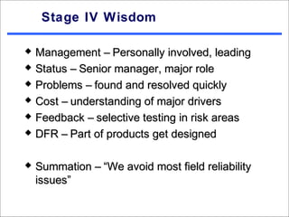 Stage IV Wisdom

   Management – Personally involved, leading
   Status – Senior manager, major role
   Problems – found and resolved quickly
   Cost – understanding of major drivers
   Feedback – selective testing in risk areas
   DFR – Part of products get designed

   Summation – “We avoid most field reliability
    issues”
 