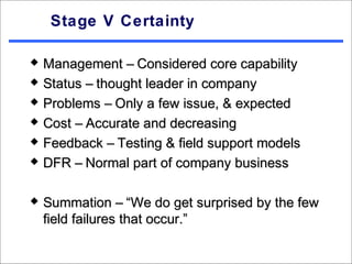 Stage V Certainty

   Management – Considered core capability
   Status – thought leader in company
   Problems – Only a few issue, & expected
   Cost – Accurate and decreasing
   Feedback – Testing & field support models
   DFR – Normal part of company business

   Summation – “We do get surprised by the few
    field failures that occur.”
 