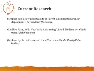 Current Research

Stepping into a New Role: Quality of Parent-Child Relationships in
   Stepfamilies – Carlos Royal (Sociology)

Goodbye Paris, Hello New York: Consuming ‘Liquid’ Modernity – Ghada
  Masri (Global Studies)

(In)Security, Surveillance and Halal Tourism – Ghada Masri (Global
   Studies)
 
