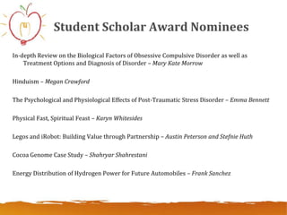 Student Scholar Award Nominees

In-depth Review on the Biological Factors of Obsessive Compulsive Disorder as well as
    Treatment Options and Diagnosis of Disorder – Mary Kate Morrow

Hinduism – Megan Crawford

The Psychological and Physiological Effects of Post-Traumatic Stress Disorder – Emma Bennett

Physical Fast, Spiritual Feast – Karyn Whitesides

Legos and iRobot: Building Value through Partnership – Austin Peterson and Stefnie Huth

Cocoa Genome Case Study – Shahryar Shahrestani

Energy Distribution of Hydrogen Power for Future Automobiles – Frank Sanchez
 