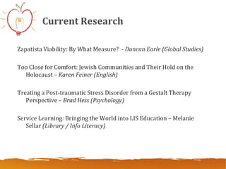Current Research

Zapatista Viability: By What Measure? - Duncan Earle (Global Studies)

Too Close for Comfort: Jewish Communities and Their Hold on the
  Holocaust – Karen Feiner (English)

Treating a Post-traumatic Stress Disorder from a Gestalt Therapy
   Perspective – Brad Hess (Psychology)

Service Learning: Bringing the World into LIS Education – Melanie
   Sellar (Library / Info Literacy)
 