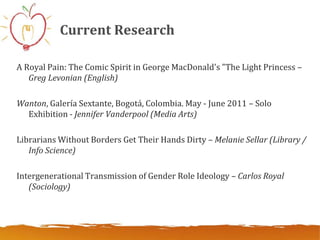 Current Research

A Royal Pain: The Comic Spirit in George MacDonald's "The Light Princess –
   Greg Levonian (English)

Wanton, Galería Sextante, Bogotá, Colombia. May - June 2011 – Solo
  Exhibition - Jennifer Vanderpool (Media Arts)

Librarians Without Borders Get Their Hands Dirty – Melanie Sellar (Library /
   Info Science)

Intergenerational Transmission of Gender Role Ideology – Carlos Royal
   (Sociology)
 
