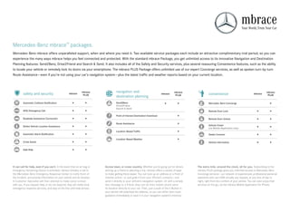mbrace
                                                                                                                                                                                              Your World, From Your Car



Mercedes-Benz mbrace™ packages.
Mercedes -Benz mbrace offers unparalleled support, when and where you need it. Two available service packages each include an attractive complimentary trial period, so you can
experience the many ways mbrace helps you feel connected and protected. With the standard mbrace Package, you get unlimited access to its innovative Navigation and Destination
Planning features: Send2Benz, Drive2Friend and Search & Send. It also includes all of the Safety and Security services, plus several reassuring Convenience features, such as the ability
to locate your vehicle or remotely lock its doors via your smartphone. The mbrace PLUS Package offers unlimited use of our expert Concierge services, as well as spoken turn-by-turn
Route Assistance — even if you’re not using your car’s navigation system — plus the latest traffic and weather reports based on your current location.



                                                                mbrace              navigation and                                       mbrace                                                                   mbrace
         safety and security                        mbrace
                                                                 PLUS                                                        mbrace
                                                                                                                                          PLUS                convenience                              mbrace
                                                                                                                                                                                                                   PLUS
                                                                                    destination planning
         Automatic Collision Notification                                           Send2Benz                                                                 Mercedes - Benz Concierge
                                                                                    Drive2Friend
                                                                                    Search & Send
         SOS/Emergency Call                                                                                                                                   Remote Door Lock
                                                                                    Point of Interest Destination Download
         Roadside Assistance Connection                                                                                                                       Remote Door Unlock
                                                                                    Route Assistance
         Stolen Vehicle Location Assistance                                                                                                                   Vehicle Finder
                                                                                                                                                              (via Mobile Application only)
                                                                                    Location-Based Traffic
         Automatic Alarm Notification                                                                                                                         Dealer Connect
                                                                                    Location-Based Weather
         Crisis Assist                                                                                                                                        Vehicle Information

         Safe Ride




It can call for help, even if you can’t. In the event that an air bag or   Across town, or cross- country. Whether you’re going out for dinner,      The extra mile, around the clock, all for you. Subscribing to the
Emergency Tensioning Device is activated, mbrace initiates a call to       picking up a friend or planning a trip, mbrace offers a variety of ways   mbrace PLUS package gives you unlimited access to Mercedes-Benz
the Mercedes -Benz Emergency Response Center to notify them of             to make getting there easier. You can look up an address or a Point of    Concierge services — our network of experienced, professional personal
the incident, and provide information on your vehicle and its location.    Interest online — or just grab it from your iPhone’s contacts — and       assistants who can fulfill virtually any request, at any time of day or
A Customer Specialist will then attempt to make voice contact              send it directly to your vehicle’s navigation system. Or with a simple    night, right from the comfort of your vehicle. You can even enjoy their
with you. If you request help, or do not respond, they will notify local   text message to a friend, they can let their mobile phone send            services on the go, via the mbrace Mobile Application for iPhone.
emergency response services, and stay on the line until help arrives.      its location directly to your car. Then, just a push of the i-Button in
                                                                           your vehicle will download the address, so you can either start route
                                                                           guidance immediately or save it in your navigation system’s memory.
 