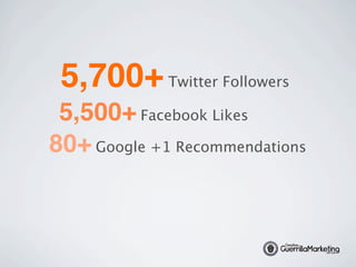 5,700+ Twitter Followers
 5,500+ Facebook Likes
80+ Google +1 Recommendations


                                   GuerrillaMar
                                ive
                                                                  Creative




                                t




                                                    ke
                        www.Crea
                                                                 GuerrillaMarketing


                                                      ting
                                                        g*.com
                         *#
                                                                              dot com




                                                     tin
                           1S
                              ite
                                    Fo              rke
                                      r Gue rilla Ma
                                           r
 