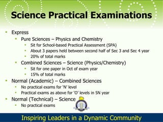 Science Practical Examinations Express Pure Sciences – Physics and Chemistry Sit for School-based Practical Assessment (SPA) About 3 papers held between second half of Sec 3 and Sec 4 year 20% of total marks Combined Sciences – Science (Physics/Chemistry) Sit for one paper in Oct of exam year 15% of total marks Normal (Academic) – Combined Sciences No practical exams for ‘N’ level Practical exams as above for ‘O’ levels in 5N year Normal (Technical) – Science No practical exams 