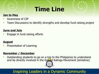 Time Line Jan to May Awareness of CIP Team Discussions to identify strengths and develop fund raising project June and July Engage in fund raising efforts August Presentation of Learning November / December Outstanding students to go on a trip to the Philippines to understand and be directly involved in the Gawad Kalinga Movement (tentative) 