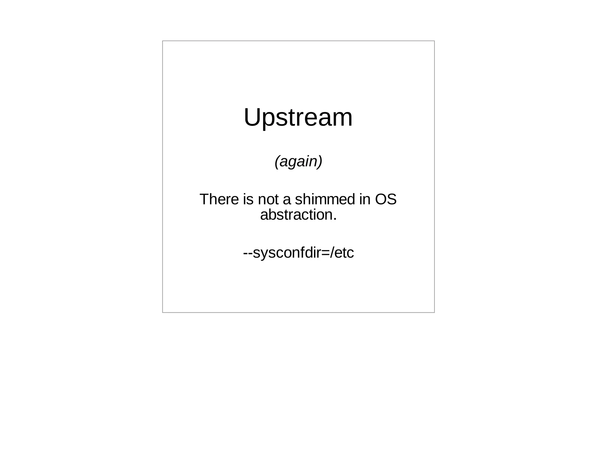 Upstream
          (again)

There is not a shimmed in OS
         abstraction.

      --sysconfdir=/etc
 