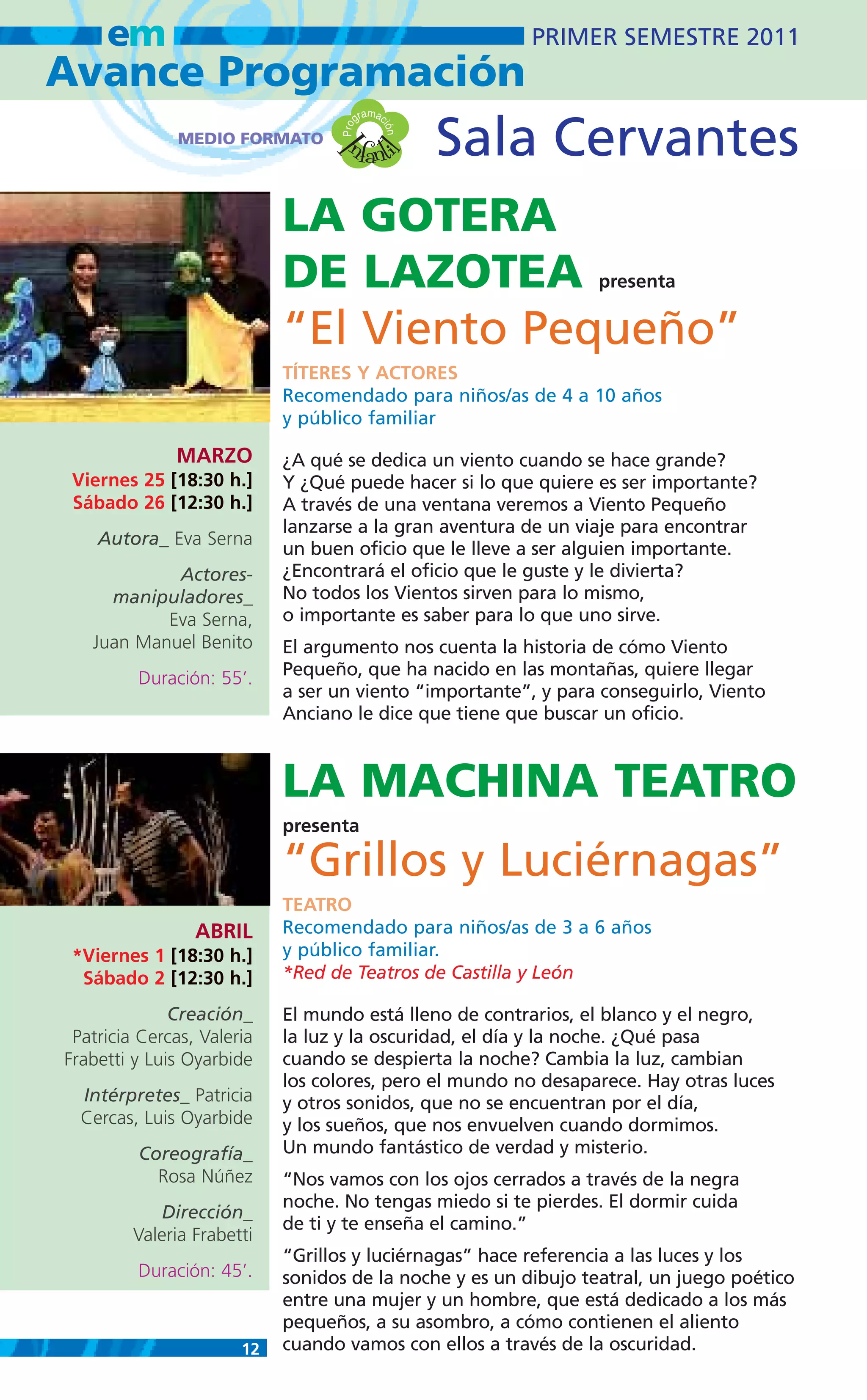 em                                                  PRIMER SEMESTRE 2011
Avance Programación
                                            m
                                         gra ac

                                    nfanti          Sala Cervantes


                                   Pro

                                              ión
               MEDIO FORMATO




                                 I
                                           l
                            LA GOTERA
                            DE LAZOTEA                           presenta

                            “El Viento Pequeño”
                            TÍTERES Y ACTORES
                            Recomendado para niños/as de 4 a 10 años
                            y público familiar

              MARZO         ¿A qué se dedica un viento cuando se hace grande?
 Viernes 25 [18:30 h.]      Y ¿Qué puede hacer si lo que quiere es ser importante?
 Sábado 26 [12:30 h.]       A través de una ventana veremos a Viento Pequeño
                            lanzarse a la gran aventura de un viaje para encontrar
    Autora_ Eva Serna
                            un buen oficio que le lleve a ser alguien importante.
            Actores-        ¿Encontrará el oficio que le guste y le divierta?
     manipuladores_         No todos los Vientos sirven para lo mismo,
           Eva Serna,       o importante es saber para lo que uno sirve.
   Juan Manuel Benito       El argumento nos cuenta la historia de cómo Viento
         Duración: 55’.     Pequeño, que ha nacido en las montañas, quiere llegar
                            a ser un viento “importante”, y para conseguirlo, Viento
                            Anciano le dice que tiene que buscar un oficio.



                            LA MACHINA TEATRO
                            presenta

                            “Grillos y Luciérnagas”
                            TEATRO
                 ABRIL      Recomendado para niños/as de 3 a 6 años
 *Viernes 1 [18:30 h.]      y público familiar.
  Sábado 2 [12:30 h.]       *Red de Teatros de Castilla y León

              Creación_     El mundo está lleno de contrarios, el blanco y el negro,
 Patricia Cercas, Valeria   la luz y la oscuridad, el día y la noche. ¿Qué pasa
Frabetti y Luis Oyarbide    cuando se despierta la noche? Cambia la luz, cambian
                            los colores, pero el mundo no desaparece. Hay otras luces
  Intérpretes_ Patricia     y otros sonidos, que no se encuentran por el día,
  Cercas, Luis Oyarbide     y los sueños, que nos envuelven cuando dormimos.
         Coreografía_       Un mundo fantástico de verdad y misterio.
           Rosa Núñez       “Nos vamos con los ojos cerrados a través de la negra
                            noche. No tengas miedo si te pierdes. El dormir cuida
            Dirección_
                            de ti y te enseña el camino.”
         Valeria Frabetti
                            “Grillos y luciérnagas” hace referencia a las luces y los
         Duración: 45’.     sonidos de la noche y es un dibujo teatral, un juego poético
                            entre una mujer y un hombre, que está dedicado a los más
                            pequeños, a su asombro, a cómo contienen el aliento
                       12   cuando vamos con ellos a través de la oscuridad.
 