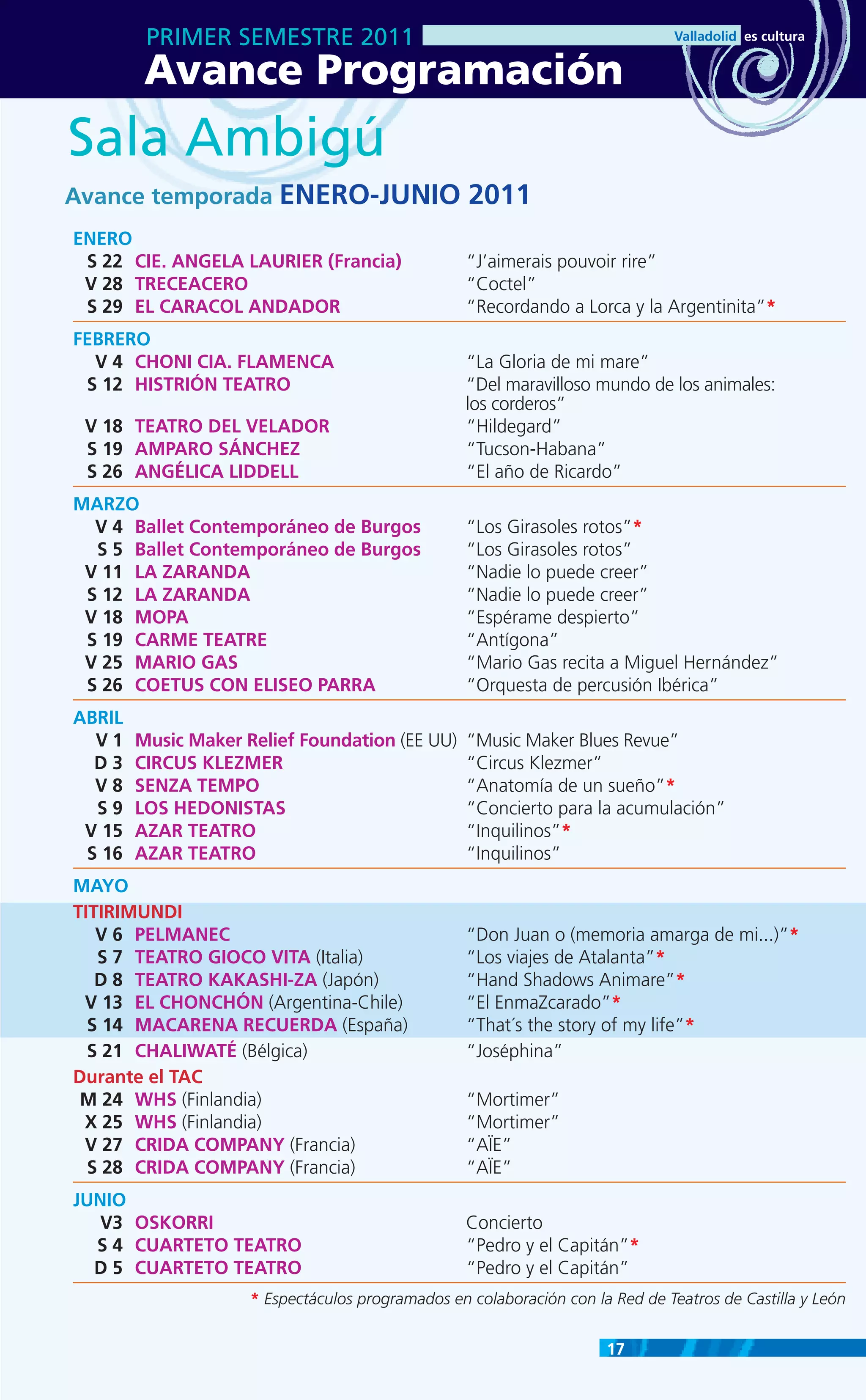 PRIMER SEMESTRE 2011
         Avance Programación
Sala Ambigú
Avance temporada ENERO-JUNIO 2011
ENERO
 S 22 CIE. ANGELA LAURIER (Francia)                “J’aimerais pouvoir rire”
 V 28 TRECEACERO                                   “Coctel”
 S 29 EL CARACOL ANDADOR                           “Recordando a Lorca y la Argentinita”*
FEBRERO
  V 4 CHONI CIA. FLAMENCA                          “La Gloria de mi mare”
 S 12 HISTRIÓN TEATRO                              “Del maravilloso mundo de los animales:
                                                   los corderos”
 V 18 TEATRO DEL VELADOR                           “Hildegard”
 S 19 AMPARO SÁNCHEZ                               “Tucson-Habana”
 S 26 ANGÉLICA LIDDELL                             “El año de Ricardo”
MARZO
  V 4 Ballet Contemporáneo de Burgos               “Los Girasoles rotos”*
  S 5 Ballet Contemporáneo de Burgos               “Los Girasoles rotos”
 V 11 LA ZARANDA                                   “Nadie lo puede creer”
 S 12 LA ZARANDA                                   “Nadie lo puede creer”
 V 18 MOPA                                         “Espérame despierto”
 S 19 CARME TEATRE                                 “Antígona”
 V 25 MARIO GAS                                    “Mario Gas recita a Miguel Hernández”
 S 26 COETUS CON ELISEO PARRA                      “Orquesta de percusión Ibérica”
ABRIL
  V1    Music Maker Relief Foundation (EE UU)      “Music Maker Blues Revue”
  D3    CIRCUS KLEZMER                             “Circus Klezmer”
  V8    SENZA TEMPO                                “Anatomía de un sueño”*
  S9    LOS HEDONISTAS                             “Concierto para la acumulación”
 V 15   AZAR TEATRO                                “Inquilinos”*
 S 16   AZAR TEATRO                                “Inquilinos”
MAYO
TITIRIMUNDI
   V 6 PELMANEC                                    “Don Juan o (memoria amarga de mi...)”*
   S 7 TEATRO GIOCO VITA (Italia)                  “Los viajes de Atalanta”*
   D 8 TEATRO KAKASHI-ZA (Japón)                   “Hand Shadows Animare”*
 V 13 EL CHONCHÓN (Argentina-Chile)                “El EnmaZcarado”*
  S 14 MACARENA RECUERDA (España)                  “That´s the story of my life”*
  S 21 CHALIWATÉ (Bélgica)                         “Joséphina”
Durante el TAC
 M 24 WHS (Finlandia)                              “Mortimer”
 X 25 WHS (Finlandia)                              “Mortimer”
 V 27 CRIDA COMPANY (Francia)                      “AÏE”
  S 28 CRIDA COMPANY (Francia)                     “AÏE”
JUNIO
   V3 OSKORRI                                      Concierto
  S 4 CUARTETO TEATRO                              “Pedro y el Capitán”*
  D 5 CUARTETO TEATRO                              “Pedro y el Capitán”
                     * Espectáculos programados en colaboración con la Red de Teatros de Castilla y León


                                                                      17
 