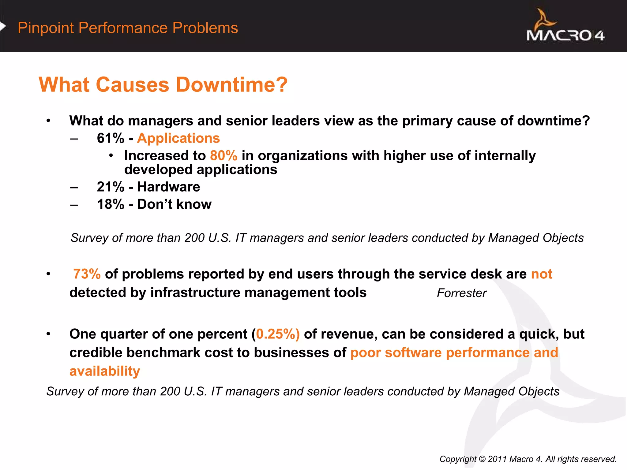 What Causes Downtime? What do managers and senior leaders view as the primary cause of downtime?  61% -  Applications Increased to  80%  in organizations with higher use of internally developed applications 21% - Hardware  18% - Don’t know Survey of more than 200 U.S. IT managers and senior leaders conducted by Managed Objects 73%  of problems reported by end users through the service desk are  not  detected by infrastructure management tools  Forrester One quarter of one percent ( 0.25%)  of revenue, can be considered a quick, but credible benchmark cost to businesses of  poor software performance and availability Survey of more than 200 U.S. IT managers and senior leaders conducted by Managed Objects 