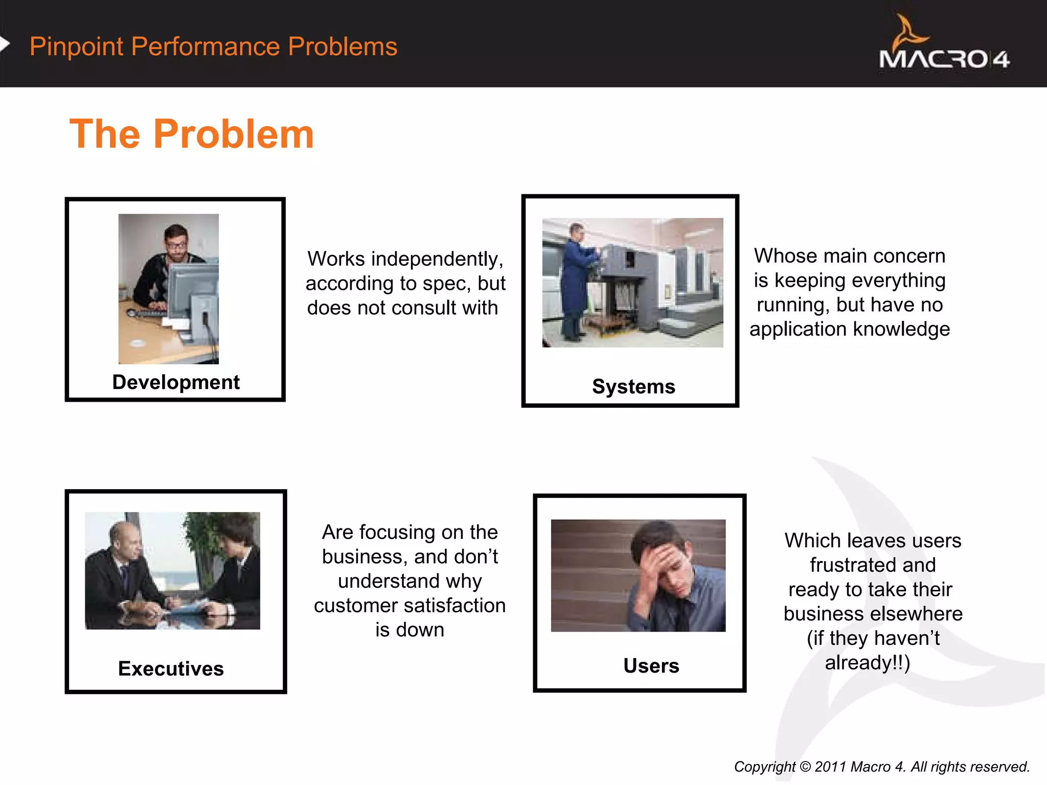 The Problem   Development Users Systems Executives Works independently, according to spec, but does not consult with  Whose main concern is keeping everything running, but have no application knowledge Are focusing on the business, and don’t understand why customer satisfaction is down Which leaves users  frustrated and ready to take their  business elsewhere (if they haven’t already!!)  