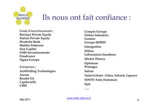 Ils nous ont fait confiance :
Fonds d’investissements :                  Compin Groupe
Barclays Private Equity                    Dubus Industries
Natixis Private Equity                     Gantois
Deutsche Bank                              Groupe HORIS
Mattlin Patterson                          Intergestion
Sisu Capital
                                           IXblue
GMS Investissements
                                           Laboratoires Innothera
Finadvance
Sigma Groupe                               Michel Thierry
                                           Optimum
Entreprises :                              Primagaz
AroWelding Technologies                    Safran
Ascom                                      Saint-Gobain : Glass, Sekurit, Lapeyre
Baudet SA                                  SINTO Auto /Automaxi
Capdevielle
                                           Spie
CBM
                                           …..


                            www.skills-alliance.fr
Mai 2011                                                                            6
 