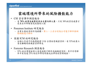 雲端環境所帶來的風險擴散能力
     • CSI 資安事件調查報告
       – 有 70% 的資安威脅是來自企業內部人員，只有 30%的資安威脅才
         是來自外部駭客或病毒的入侵

     • Ponemon Institute 研究報告
       – 企業主要的資料外洩媒體，第二、三名分別為公司電子郵件與網
         際網路電子郵件

     • 英國 ICM 的研究報告
       – 白領工作者平均每周處理 11份 企業經營機密資料，有 52%的員工
         曾在離職時將機密資料帶走

     • Forrester Research 調查報告
       – 35% 的企業懷疑員工會透過電子郵件洩漏機密資料，其中外寄郵
         件中有高達 25% 的信件帶有財務或法律性的管理風險。


13                                   copyright © Openfind
 