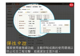 彈性中控
獨家使用者等級功能，主動控制成員的使用環境以
防止社交工程攻擊，組織資安全面升級。
30                copyright © Openfind
 