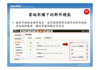 雲端架構下的郵件總監
     • 提供多組路由條件設定，送信階段將符合條件的信件依指
       定的規則處理，彈性掌握組織信件流向




31                          copyright © Openfind
 