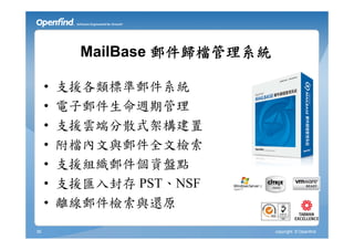 MailBase 郵件歸檔管理系統

     •   支援各類標準郵件系統
     •   電子郵件生命週期管理
     •   支援雲端分散式架構建置
     •   附檔內文與郵件全文檢索
     •   支援組織郵件個資盤點
     •   支援匯入封存 PST、NSF
     •   離線郵件檢索與還原
36                             copyright © Openfind
 