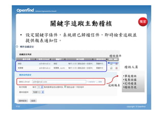 關鍵字追蹤主動稽核
       • 設定關鍵字條件，系統將已歸檔信件，即時檢索追蹤並
         提供報表通知信。


                          稽核條件


                                 稽核人員

                               •事後稽核
                               •蒐集證據
                               •定時稽查
                          追蹤報表
                               •稽核存底




3737                             copyright © Openfind
 