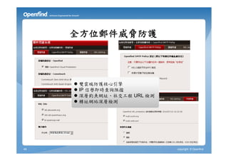 全方位郵件威脅防護




      雙雲端防護核心引擎
      IP 信譽即時查詢阻擋
      深層釣魚網址、社交工程 URL 檢測
      轉址網站深層檢測




48                          copyright © Openfind
 