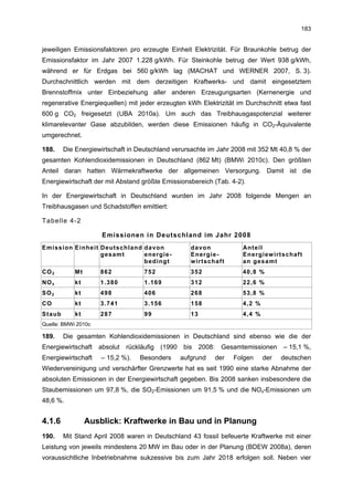 183


jeweiligen Emissionsfaktoren pro erzeugte Einheit Elektrizität. Für Braunkohle betrug der
Emissionsfaktor im Jahr 2007 1.228 g/kWh. Für Steinkohle betrug der Wert 938 g/kWh,
während er für Erdgas bei 560 g/kWh lag (MACHAT und WERNER 2007, S. 3).
Durchschnittlich werden mit dem derzeitigen Kraftwerks- und damit eingesetztem
Brennstoffmix unter Einbeziehung aller anderen Erzeugungsarten (Kernenergie und
regenerative Energiequellen) mit jeder erzeugten kWh Elektrizität im Durchschnitt etwa fast
600 g CO2 freigesetzt (UBA 2010a). Um auch das Treibhausgaspotenzial weiterer
klimarelevanter Gase abzubilden, werden diese Emissionen häufig in CO2-Äquivalente
umgerechnet.

188.       Die Energiewirtschaft in Deutschland verursachte im Jahr 2008 mit 352 Mt 40,8 % der
gesamten Kohlendioxidemissionen in Deutschland (862 Mt) (BMWi 2010c). Den größten
Anteil daran hatten Wärmekraftwerke der allgemeinen Versorgung. Damit ist die
Energiewirtschaft der mit Abstand größte Emissionsbereich (Tab. 4-2).

In der Energiewirtschaft in Deutschland wurden im Jahr 2008 folgende Mengen an
Treibhausgasen und Schadstoffen emittiert:

Tabelle 4-2

                         Emissionen in Deutschland im Jahr 2008
E m i ss i on E i n he it D e uts ch l an d d a vo n          d a vo n         Anteil
                          g es am t         e ne rg ie -      En er g ie-      En er g iew irt sch aft
                                            b ed i ngt        w irtscha ft     a n g esa mt
CO 2          Mt         8 62               7 52              3 52             4 0 ,8 %
NO x          kt         1 . 380            1 . 169           3 12             2 2 ,6 %
SO 2          kt         4 98               4 06              2 68             5 3 ,8 %
CO            kt         3 . 741            3 . 156           1 58             4,2 %
S t a ub      kt         2 87               99                13               4,4 %
Quelle: BMWi 2010c

189.       Die gesamten Kohlendioxidemissionen in Deutschland sind ebenso wie die der
Energiewirtschaft absolut rückläufig (1990 bis 2008: Gesamtemissionen – 15,1 %,
Energiewirtschaft        – 15,2 %).       Besonders        aufgrund   der    Folgen    der   deutschen
Wiedervereinigung und verschärfter Grenzwerte hat es seit 1990 eine starke Abnahme der
absoluten Emissionen in der Energiewirtschaft gegeben. Bis 2008 sanken insbesondere die
Staubemissionen um 97,8 %, die SO2-Emissionen um 91,5 % und die NOx-Emissionen um
48,6 %.


4.1.6              Ausblick: Kraftwerke in Bau und in Planung
190.       Mit Stand April 2008 waren in Deutschland 43 fossil befeuerte Kraftwerke mit einer
Leistung von jeweils mindestens 20 MW im Bau oder in der Planung (BDEW 2008a), deren
voraussichtliche Inbetriebnahme sukzessive bis zum Jahr 2018 erfolgen soll. Neben vier
 