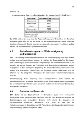 193


Tabelle 4-5

   Angenommene Jahresvolllaststunden für konventionelle Kraftwerke

                               Brennstoff         Jahresvolllaststunden
                               Braunkohle                      6710
                               Steinkohle                      4320
                                 Erdgas                        3430
                               Kernenergie                     7690
                          Durchschnittliche Jahresvolllaststunden der Kraftwerke der
                          öffentlichen Versorgung mit mehr als 100 MW elektrischer
                          Leistung im Jahr 2008
                          Quelle: BDEW 2009

Der SRU geht davon aus, dass die Wasserkraftnutzung in Deutschland im Zeitverlauf
annähernd gleich bleibt, da hier der größte Teil der umweltverträglich nutzbaren Potenziale
bereits erschlossen ist. Es wird angenommen, dass alle notwendigen Investitionen getätigt
werden, um die vorhandenen Kapazitäten zu erhalten.


4.3              Bedarfssenkung durch Effizienzsteigerung
                 und Einsparung
202.    Der Umstieg auf erneuerbare Energien in der Stromversorgung kann umso leichter
und zu umso geringeren Kosten gelingen, je niedriger der Gesamtbedarf ist. Die Kosten
einer Vollversorgung durch erneuerbare Energien steigen mit zunehmendem Bedarf an, da
vermehrt auf teurere Optionen wie Photovoltaik und Geothermie zurückgegriffen werden
muss (Kap. 3.3). Eine strategische Begrenzung des Stromverbrauchs auf nationaler Ebene
könnte eine regenerative Vollversorgung zu moderaten Kosten sicherstellen und die
Chancen für die erfolgreiche Umsetzung der notwendigen Transformationsprozesse
erhöhen.

Stromeinsparung         durch     Steigerung      der     Endenergieeffizienz          stellt     deshalb   die
kostengünstigste und sinnvollste „Brückentechnologie“ in ein regeneratives Stromzeitalter
dar und ist dementsprechend in vielen relevanten Studien und Szenarien der Schlüssel zu
erfolgreichem Klimaschutz.


4.3.1            Szenarien und Potenziale
203.    Bisher    ist    der    Stromverbrauch       in   Deutschland       durch        einen    kontinuierlich
ansteigenden Trend gekennzeichnet. Zwischen 1993 und 2007 konnte die Zunahme der
Stromerzeugung          aus     erneuerbaren      Energien      nicht    einmal        den       Zuwachs    des
Stromverbrauchs         ausgleichen       (KASCHENZ           et al.    2007).      In       2008    lag    der
Nettostromverbrauch in Deutschland bei 539 TWh und ging damit gegenüber den Vorjahren
konjunkturbedingt etwas zurück (BDEW 2009).
 
